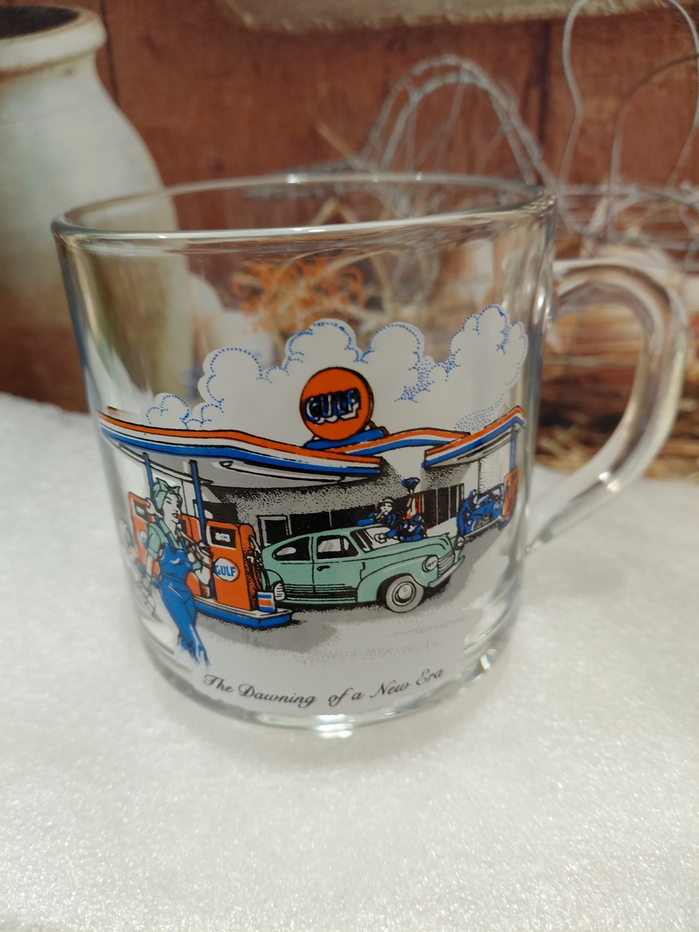 Vintage-Style Clear Glass Mug in Orange and Blue